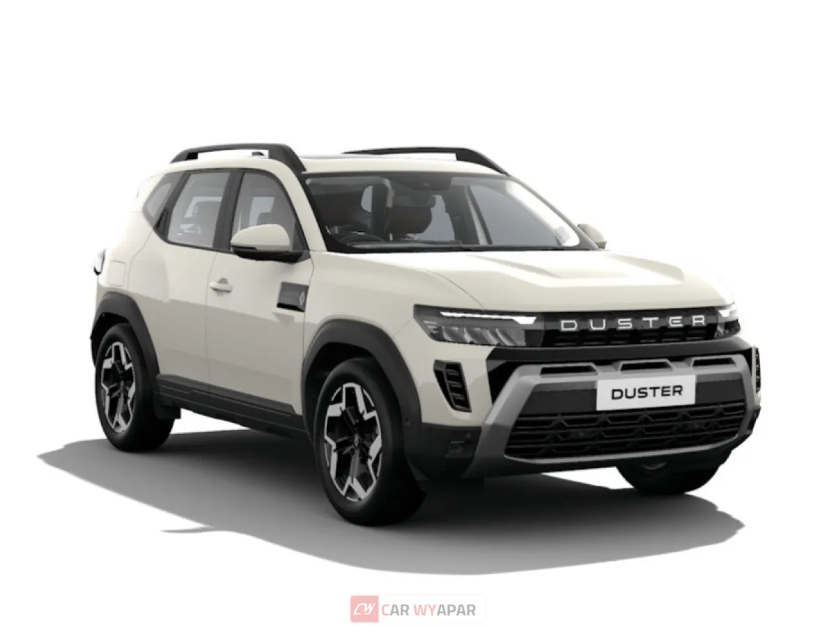 High-angle front view of the Pearl White Renault Duster Techno Plus showcasing the rugged hood design and silver bumper cladding.